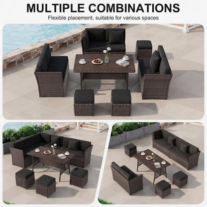 7 Pieces Patio Furniture Set, Outdoor Patio Furniture, Wicker Conversation Set with Dining Table, Chairs and Ottoman3
