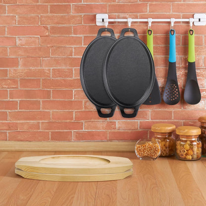 4 Pack Mini Cast Iron Fajita Skillet Set, 8.5 X 6.1 Inch Sizzling Plate with Wooden Base, Small Oval Casserole Dishes, Cast Iron Pizza Baking Steak Pan for Stove, Oven, Grill6