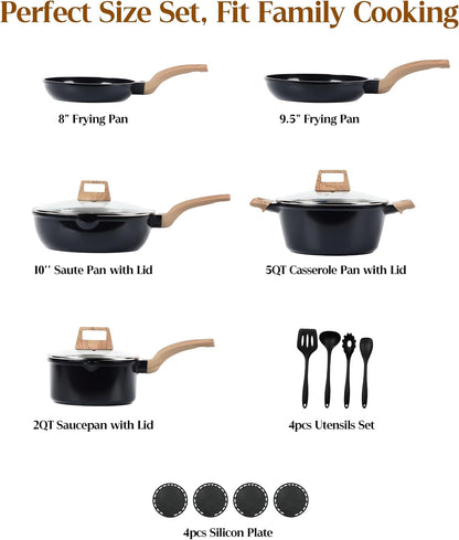16Pcs Titanium Pots and Pans Set,Toxic-Free Cookware Set, Dishwasher & Oven Safe, Induction Compatible with Bakelite Wood Grain Handle, Compact and Durable3