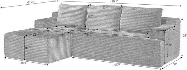 96" Corduroy Sectional Sofa Boneless Couches for Living Room - L Shaped Compressed Cloud Couch with Left Facing Chaise Lounge and Side Pockets2