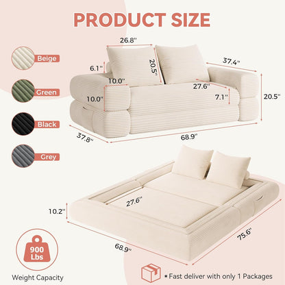 4-In-1 Convertible Folding Sofa Bed, 78"W X 68"L Queen Size Foldable Sleeper Sofa Bed, Wide Corduroy Upholstery, Boneless Mattress Couch with Armrests & Neck Pillow for Living/Bedroom, Beige2