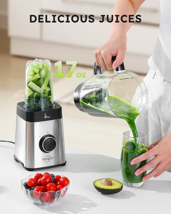 Blenders and Food Processor Combo for Kitchen, 5 in 1 Blender for Shakes and Smoothies, Meat Chopped, Grinding & More, 40 Oz Jar & 17Oz Cup with To-Go Lid, Stainless Steel Silver5