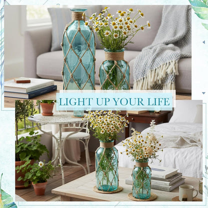 Set of 2 Coastal Glass Flower Vase with Boho Rope, Light Blue | Coastal Vase, Small Sea Glass Jar, Nautical Beach Bottle for Wedding Table Centerpieces Floral Arrangement Decor5