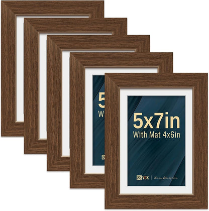5X7 Picture Frame 5 Pack, Brown Wood, 4X6 Mat, Glass, for Portrait1
