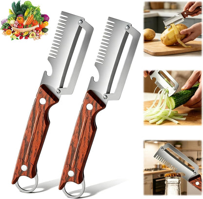 Multifunctional 3-In-1 Vegetable Peeler & Julienne Slicer, Stainless Steel Blade with Ergonomic Wood Handle for Efficient Peeling, Grating, Slicing (2 Pack)1
