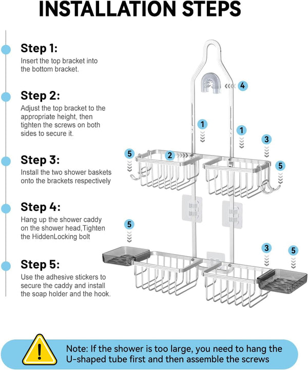 Adjustable Shower Caddy Hanging - Never Rust Shower Organizer Hanging, Aluminum Shower Racks for inside Shower - Bathroom Organizers and Storage with 2 Soap Holders and 2 Removable Hooks, Silver8