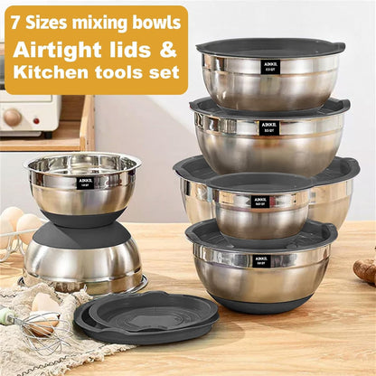 Mixing Bowls with Airtight Lids, 20 Piece Stainless Steel Metal Nesting Bowls, Non-Slip Silicone Bottom, Size 7, 3.5, 2.5, 2.0,1.5, 1,0.67QT Great for Mixing, Baking, Serving (Grey)3