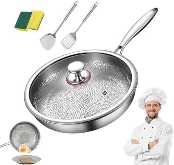 Titanium Pan with Lid, 100% Pure Titanium Hammered Pans Pro for Cooking, Non Stick Titaniums Frying Pans Ultra-Durable & Scratch-Resistant, Perfect for Every Cooktop (With Lid,11.02 In)1