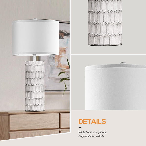 26" Modern Farmhouse Table Lamps for Living Room Set of 2, Rustic Antique Bedside Lamps for Bedroom Nightstand, Grey-White Resin Traditional Table Lamps with White Fabric Shade, Bulbs Included5