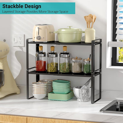 2 Pack Expandable Cabinet Organizer Shelves, 88Lbs High Weight Capacity, Stackable Heavy-Duty Metal Storage Rack, Adjustable Cabinet Shelf for Kitchen, Pantry, Cupboard, under Sink, Black7