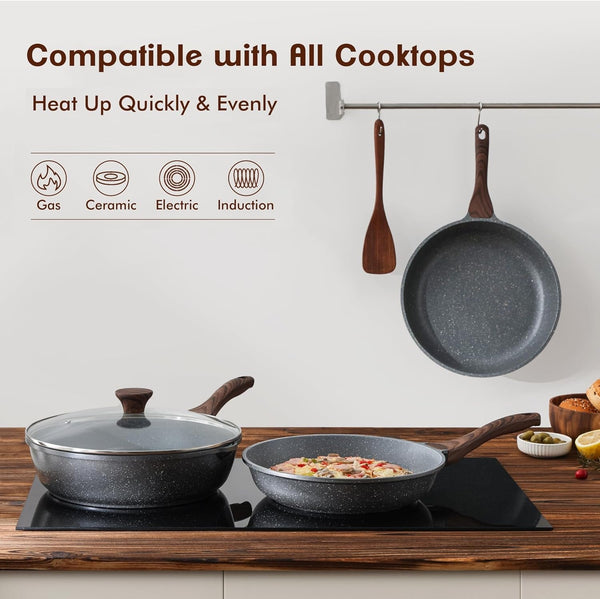 Nonstick Frying Pan Skillet, Swiss Granite Coating Omelette Pan, Healthy Stone Cookware Chef'S Pan, PFOA Free (8/9.5/10/11/12.5 Inch) (8 Inch)3