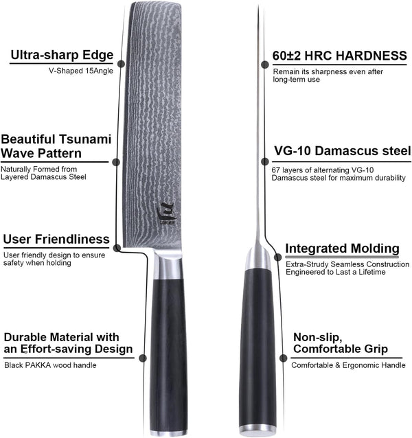 3-Piece VG-10 Damascus Kitchen Knife Set with Double-Sided Sharpening Stone – Nakiri, Chef & Paring Knives, 67-Layer Tsunami Wave Pattern, Black Pakka Wood Handles, 60±2 HRC (3-Piece-Set)9