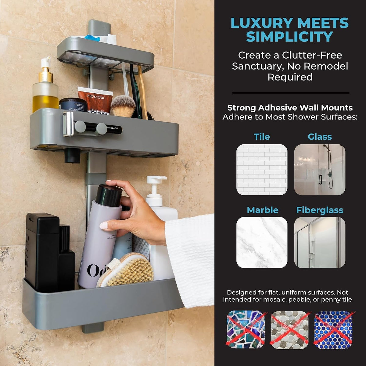 shower-caddy-adjustable-shelves-magnetic-hooks-black
