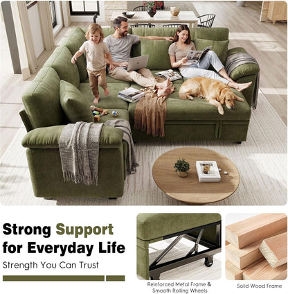 86" Modular Sectional Sofa with Pull Out Bed, 5-Seater L Shaped Sectional Sleeper Couch with Storage, Chenille Convertible Couches for Living Room, Apartment (Green)7