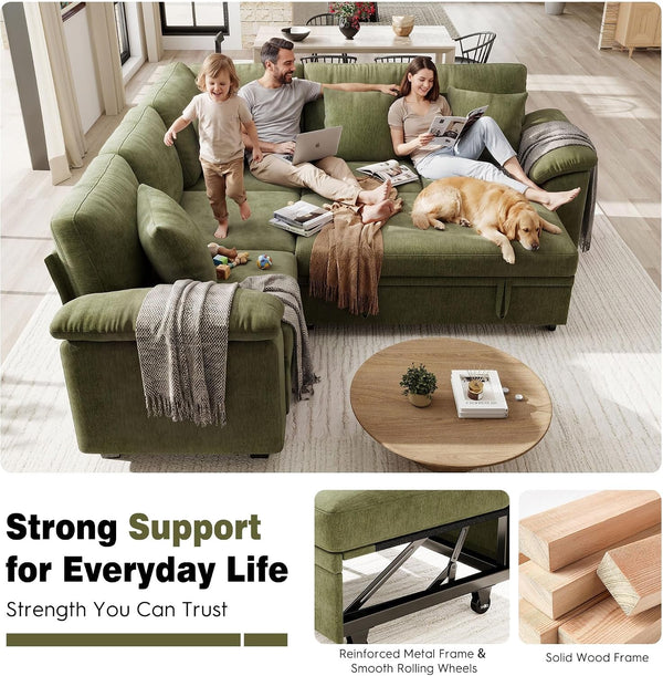 86" Modular Sectional Sofa with Pull Out Bed, 5-Seater L Shaped Sectional Sleeper Couch with Storage, Chenille Convertible Couches for Living Room, Apartment (Green)7