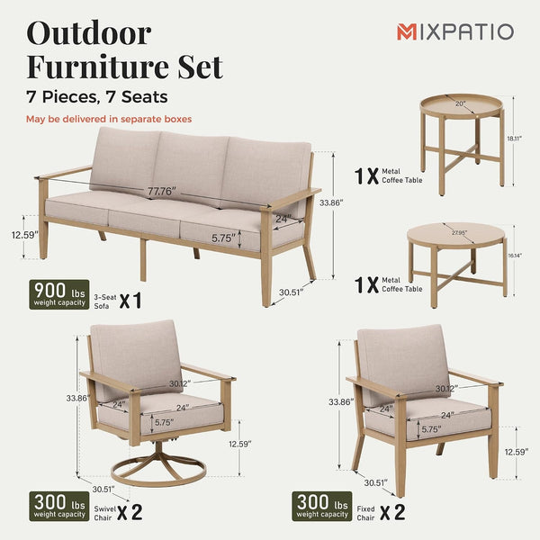 7-Piece Steel Patio Conversation Set, Swivel Chairs, Beige8