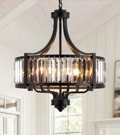 Modern Crystal Chandeliers, Entryway Black Crystal Chandelier for Dining Room, 6-Light Farmhouse Pendant Hanging Light Fixture for Living Room Foyer Kitchen Island,Conical,20In1