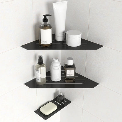 10" Recessed Corner Shower Shelf 2 Packs, Grout Mount Install Ation with Soap Holder, Bathroom Cornor Organizer for Tiled Wall, Requires Sealant, Matte Black1