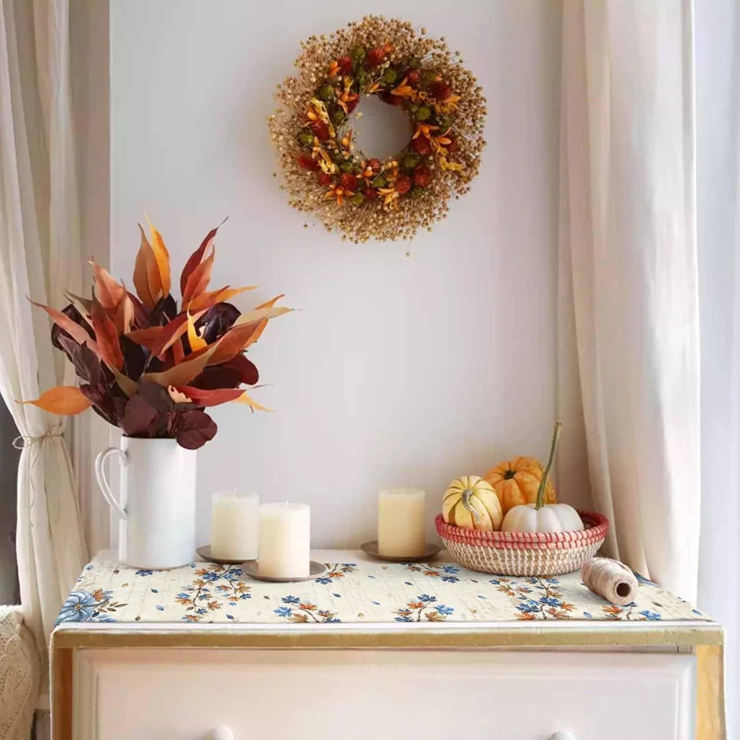fall-navy-blue-pumpkins-table-runner-36-inch-long-thanksgiving-maple-leaves-kitchen-dining-table-runner-dresser-scarves-rustic-white-orange-pumpkin-decor-for-coffee-table-party-banquet