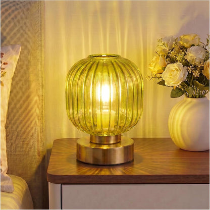 Green Touch Glass Table Lamp, 3-Way Dimmable Bedside Lamp, Vintage Mid-Century Modern Small Nightstand Lamp for Bedroom and Living Room, Ambient Mood Lighting, LED Bulb Included1