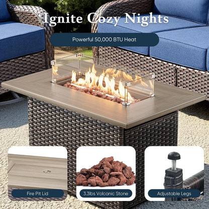 Luxury 6" Thick Cushioned 5 Pieces Patio Furniture Set with Fire Pit Table, Wicker Outdoor Conversation Set with High Back Swivel Rocker Chairs for Deck Porch Yard and Poolside - Brown+Blue8