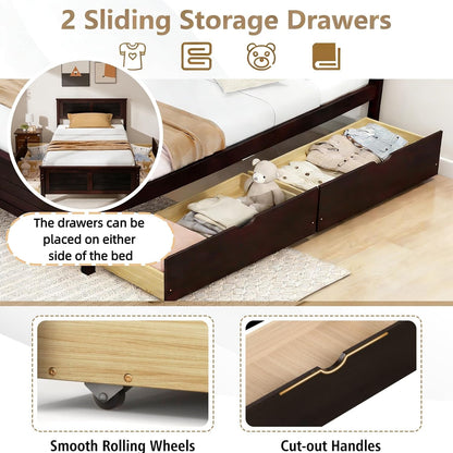 Twin Size Wood Bed Frame with 2 Storage Drawers, Mid Century Platform Bed Frame with Headboard, Sturdy Wooden Slats Support, Modern Mattress Foundation, No Box Spring Required, Easy Assembly6