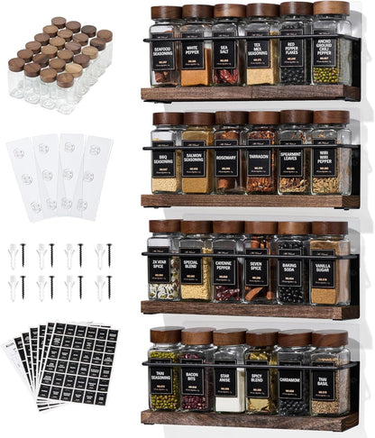 4-Tier Wall Mount Spice Rack Organizer with 24 Glass Jars, 216 Labels & Funnel - Screw/Adhesive Mount, Black Metal & Wood Spice Storage for Kitchen Pantry Cabinet, 11.6”L X 2.4”W X 3.2”H1
