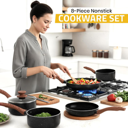 Granite Pots and Pans Cookware Set 8 Piece Pfoa-Free | 1 Qt 2 Qt 3 Qt Sauce Pan with Lids, 11 Inch 8 Inch Frying Pan, Induction Compatible, Non-Stick Coating, Durable Cookware2