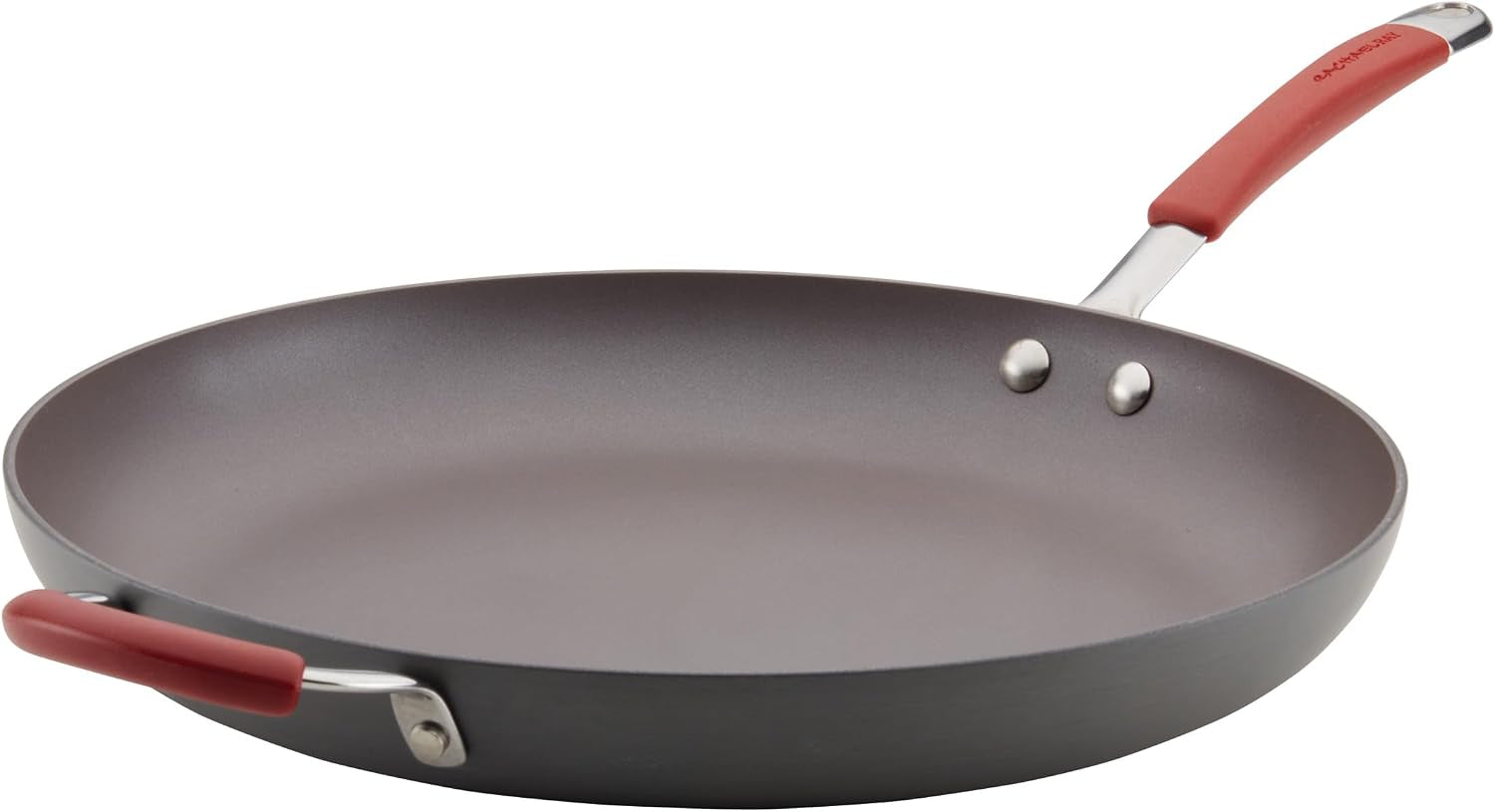 cucina-hard-anodized-nonstick-frying-pan-gray-with-cranberry-red-handles-14-inch-pan