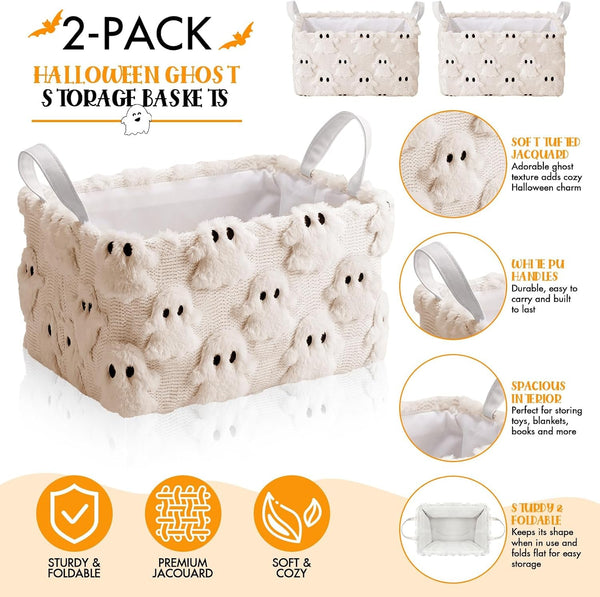 2 Halloween Ghost Storage Basket with Handle, Beige Ghost Decor3