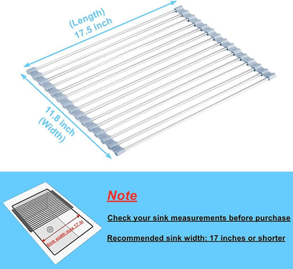 Roll up Dish Drying Rack, over the Sink Dish Drying Rack Kitchen Rolling Dish Drainer, Foldable Sink Rack Mat Stainless Steel Wire Dish Drying Rack for Kitchen Sink Counter Storage 17.5X11.84