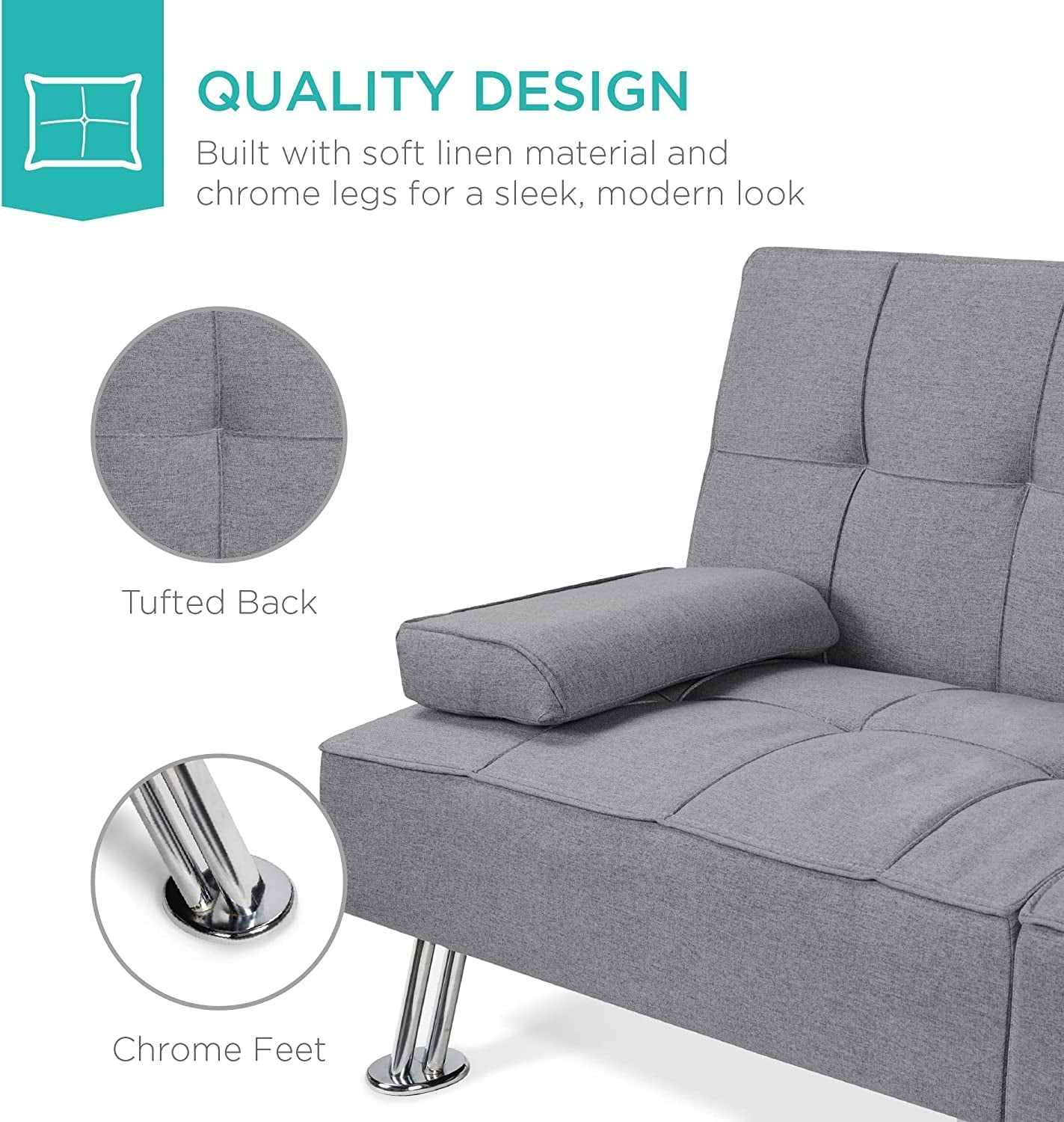 linen-modern-folding-futon-reclining-sofa-bed-for-apartment-dorm-w-removable-armrests-2-cupholders-gray
