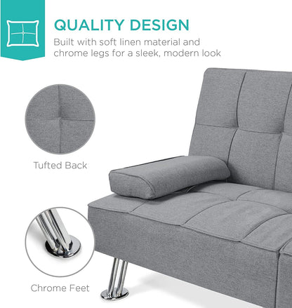 Linen Modern Folding Futon, Reclining Sofa Bed for Apartment, Dorm W/Removable Armrests, 2 Cupholders - Gray7