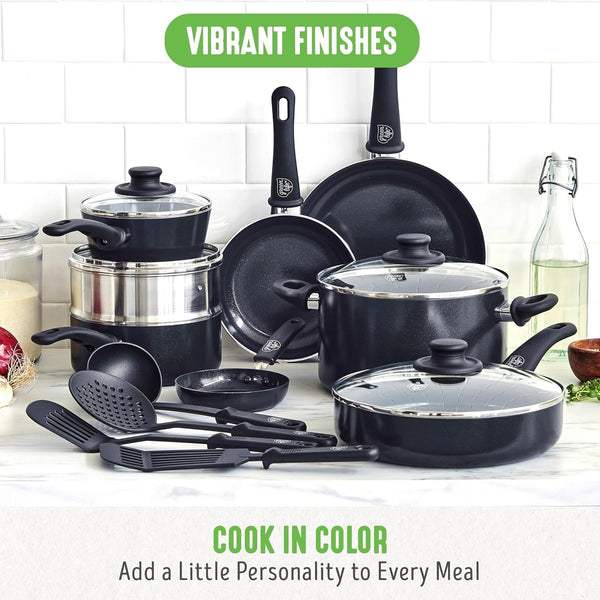 16 Piece Ceramic Nonstick Pots & Pans Cookware Set, Black | Pfas-Free Nonstick Coating, Stockpot, Frying Pans, Saucepans, Sauté Pan, Stay-Cool Handles, Dishwasher & Oven Safe up to 350F5