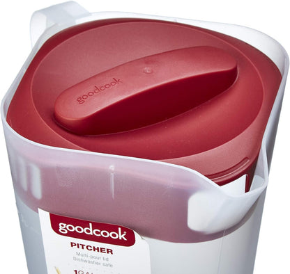1 Gallon Pitcher with Embossed Measurements, Integrated Pour Spout & 4 Way Lid, Made without BPA, Clear/Red6