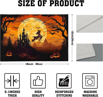 Halloween Placemats Set of 4 18X12 Inch Spooky Witch Bat Castle Pumpkin Linen Place Mats Heat-Resistant Washable Wipeable Fall Holiday Table Mats for Party Kitchen Dining Room Dinner Table Decor4