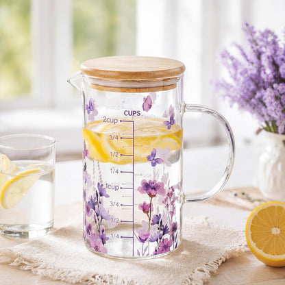 Glass Measuring Cup 16Oz/2Cups/500Ml Easy to Read V-Shaped Spout High Borosilicate Glass Measuring Cup with Bamboo Lid Stirring Spoon and Brush for Coffee Kitchen Baking Cooking(Purple Flower)5