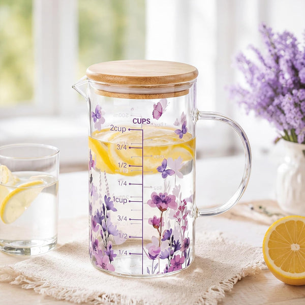 Glass Measuring Cup 16Oz/2Cups/500Ml Easy to Read V-Shaped Spout High Borosilicate Glass Measuring Cup with Bamboo Lid Stirring Spoon and Brush for Coffee Kitchen Baking Cooking(Purple Flower)5