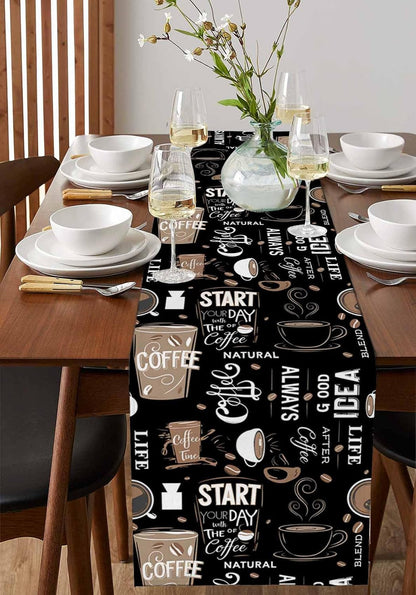 Coffee Theme Table Runner - 72 Inch Long Farmhouse Retro Black Cotton and Linen Blended Dress Scarves Table Runner for Kitchen Dining, Coffee Table, 13" X 724