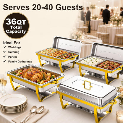 4Pack Rectangular Chafing Dishes for Buffet,Total 36QT Set with 7 Food Pans | Versatile 7 Pan Setup ,450°F Oven-Safe Pans,Hot Cold Food Service,Bonus Tongs,Easy Assembly Storage,Elegant Gold Finish5