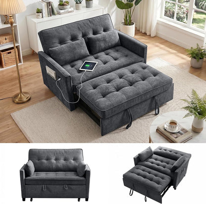 55'' 3 in 1 Convertible Sofa Bed with USB Charging Ports, Pull Out Couch with Adjustable Backrest and Side Pockets, Sleeper Sofa for Living Room, Apartment, RV, Easy Assembly - Dark Grey1
