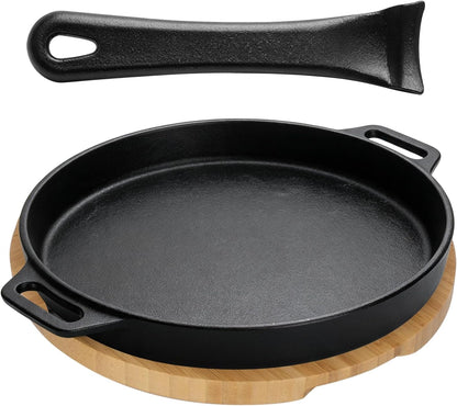 10" round Cast Iron Skillet Set for Pizza, BBQ, Stovetop & Outdoor Use | Pizza Pan with Removable Handle & Wooden Base for Pizza Oven,Bbq,Outdoor&Stovetop Cooking,Heat Retention,Food Safe,Tool-Free1