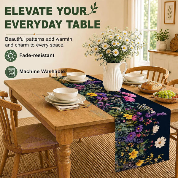 Wildflower Spring Floral Table Runner,Garden Flowers Washable Kitchen Dining Table Runner for Home Party Decor, Indoor Outdoor Dresser Scarf5