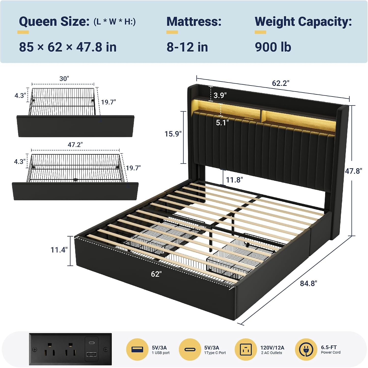 queen-upholstered-platform-bed-frame-with-3-spacious-storage-drawers-built-in-led-lights-charging-station-vertical-tufted-headboard-with-shelf-no-box-spring-needed-velvet-black