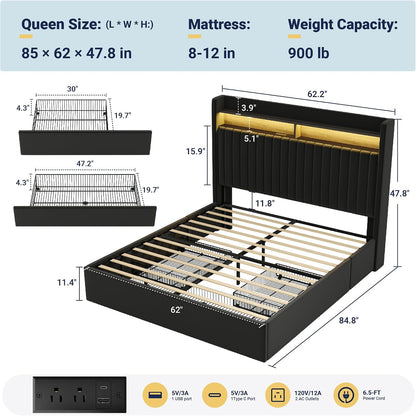 Queen Upholstered Platform Bed Frame with 3 Spacious Storage Drawers, Built-In LED Lights & Charging Station, Vertical Tufted Headboard with Shelf, No Box Spring Needed, Velvet Black2