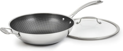 Wok Pan, Purelysear Hybrid, Stainless Steel, 12 Inch | Hybrid Stainless Steel Wok with Lid for Stir-Fry/Steaming, Ceramic Pan, Induction Compatible, Oven Safe to 500°F, FPS26-30HC1