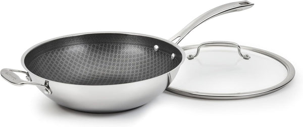 Wok Pan, Purelysear Hybrid, Stainless Steel, 12 Inch | Hybrid Stainless Steel Wok with Lid for Stir-Fry/Steaming, Ceramic Pan, Induction Compatible, Oven Safe to 500°F, FPS26-30HC1