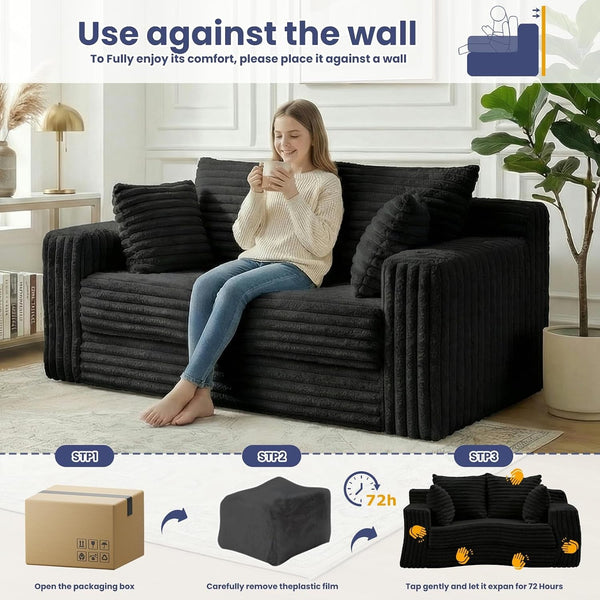 3-In-1 Convertible Sofa Bed: Boneless Loveseat Sleeper & Folding Couch Bed with 4 Pillows & Detachable Cushion,Furry Futon Couch for Bedroom,Apartment,Office and Living Room, No Assembly,Black7