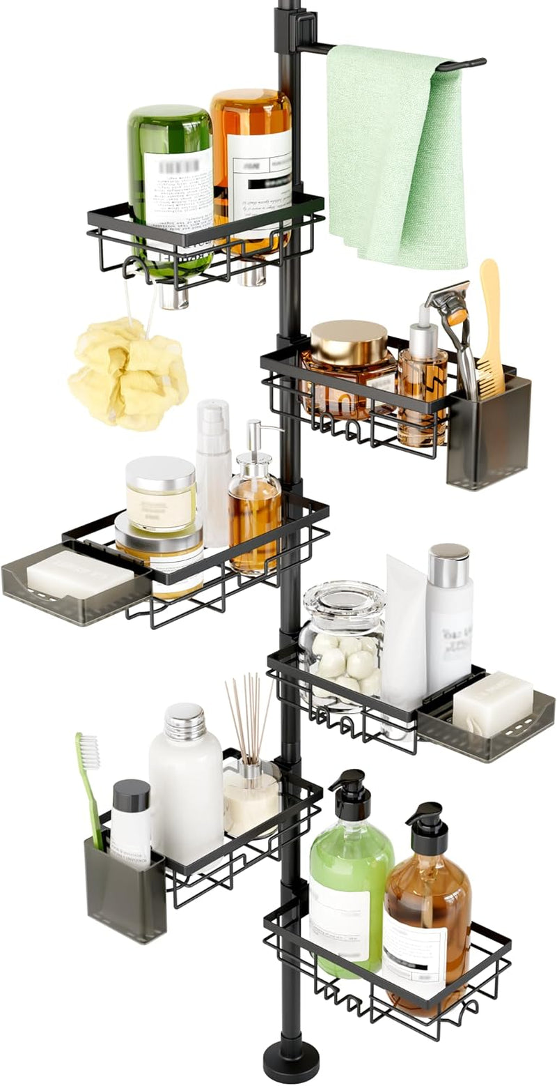 shower-tension-rod-organizer-6-tier-rustproof-corner-shower-caddy-tension-pole-with-soap-holder-hooks-adjustable-30-121-inch-bathroom-shelf-for-renters-family-stand-storage-rack-black