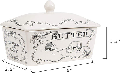 Creative Co-Op Country Stoneware Butter Dish with "Spread the Love" Message and Farm Landscape Design, White and Black3
